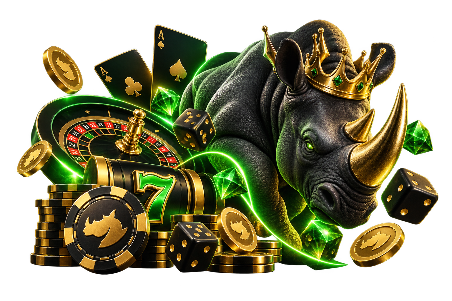 Rhino Casino green and gold casino emblem with rhinoceros, roulette, cards, dice and chips